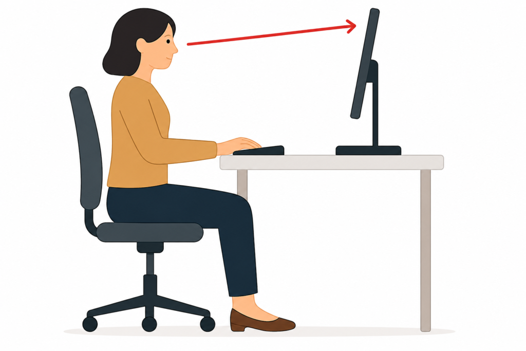 Desk setup showing a monitor placed too low and off-center