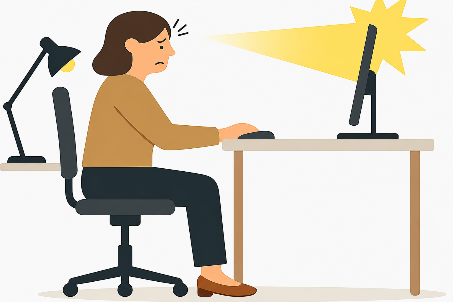Workspace affected by harsh lighting and glare on the monitor