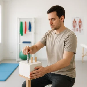 Worker performing a hand strength assessment during a functional capacity evaluation to measure grip strength and physical function.