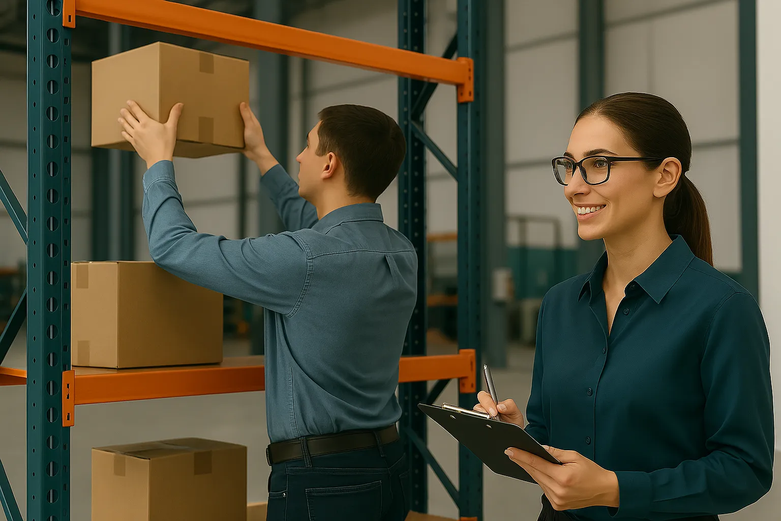 Warehouse employee placing a box on a storage rack while an ergonomics consultant evaluates lifting posture and workplace safety.