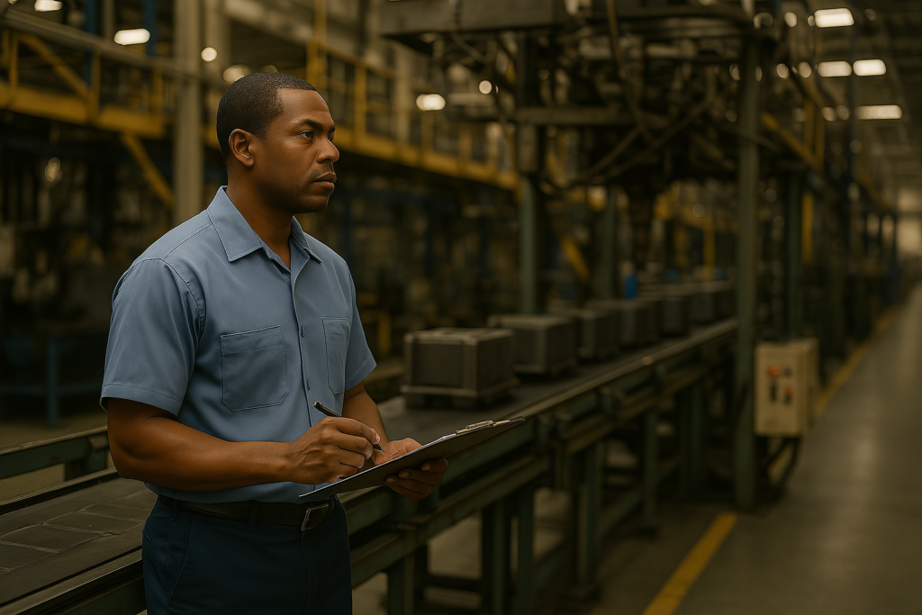 Factory worker in a warehouse holding a clipboard while inspecting a production line