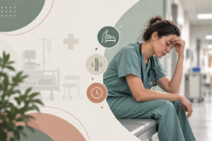 Healthcare worker experiencing physical strain and fatigue during a hospital shift.